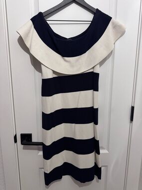 Ann Taylor Navy and White Off-Shoulder Striped Dress